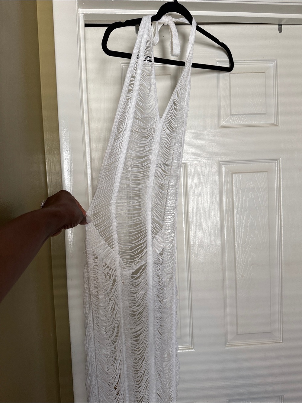 White Crochet Fringe Halter Maxi Cover-Up